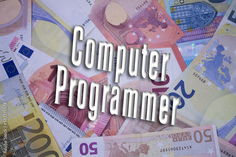 Poster computer programmer word with money. paper currency background with different banknotes.