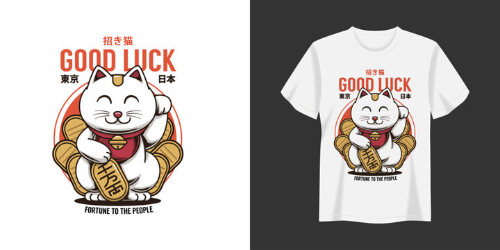 Vector japanese art culture maneki neko illustration t-shirt and apparel printing design