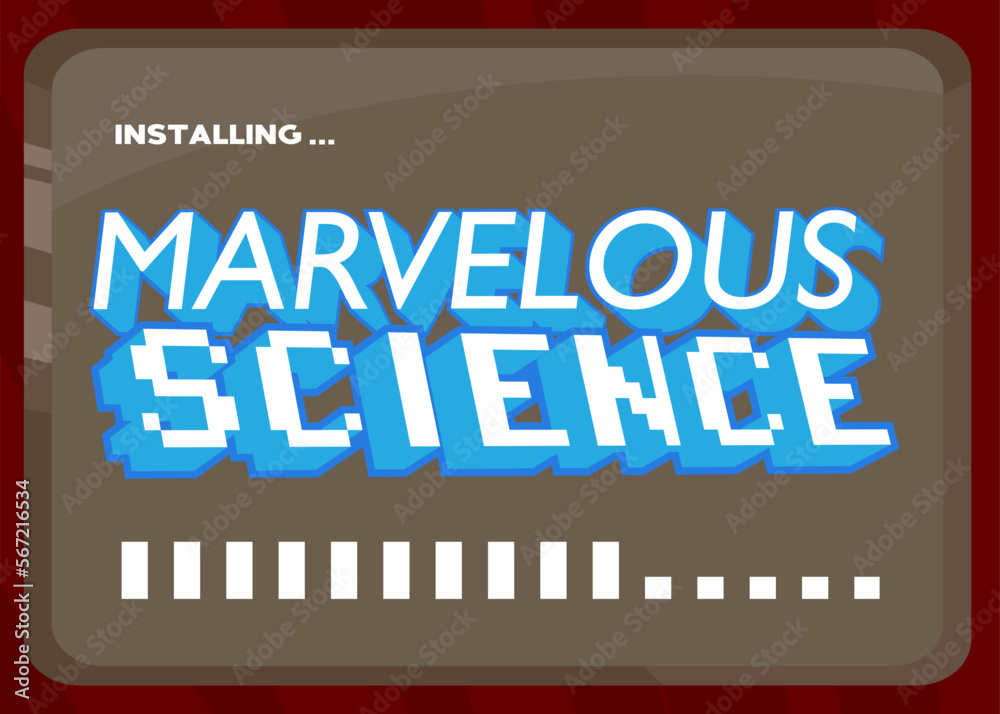 Poster cartoon computer with the word marvelous science. message of a screen displaying an installation win