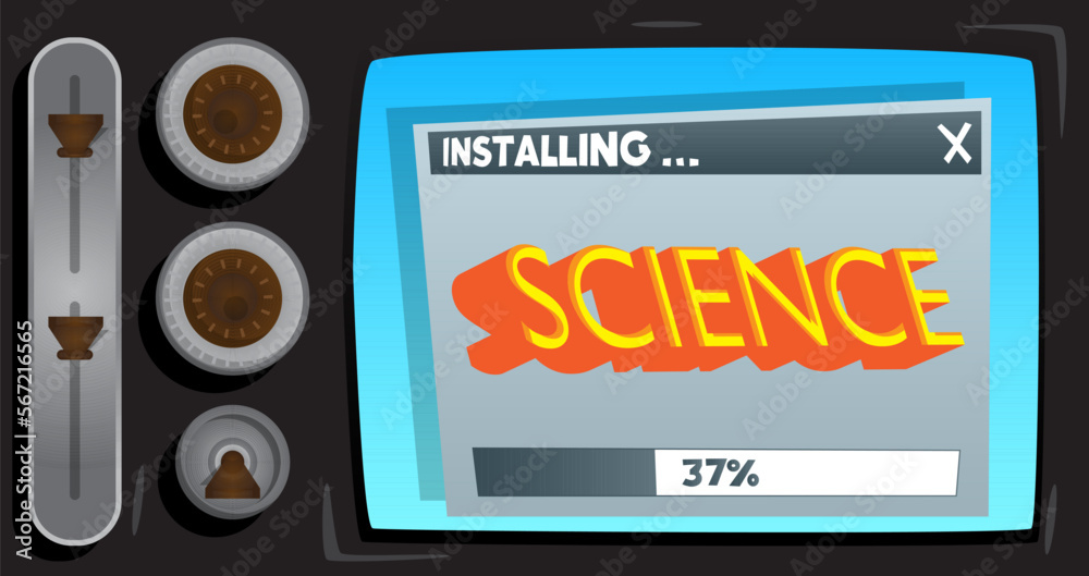 Poster Cartoon Computer With the word Science. Message of a screen displaying an installation window.