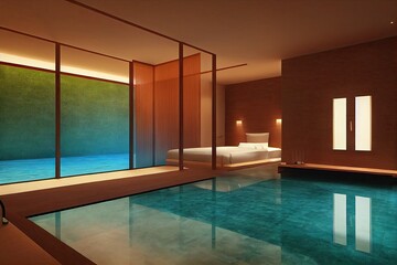 Fototapeta na wymiar Luxury with tropical Jungle villa resort luxurious swimming pool. Generative AI illustration