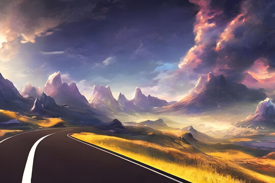 road in the mountains. adventure. clouds in the sky. beautiful view. mountains. journey. AI generated. travel. landscape. wallpaper.