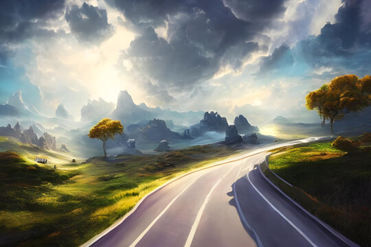road in the mountains. adventure. clouds in the sky. vista. stunning clouds. beautiful view. mountains. journey. AI generated. sunlight. travel. landscape. wallpaper.