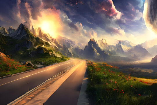 road in the mountains. adventure. clouds in the sky. vista. beautiful view. mountains. journey. AI generated. travel. landscape. wallpaper.