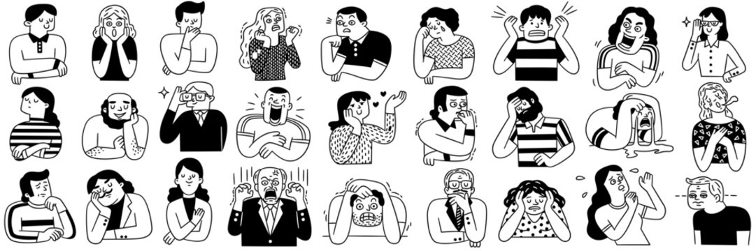 Big collection of various people's facial emotion expression, happy, sad, shocked, scared, angry, laughing, crying, etc. Outline, hand drawn sketch, black and white ink style. 