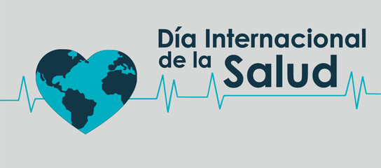 Ilustración vectorial de planeta tierra con forma de corazón, Tierra con forma geométrica de corazón y pulso médico de fondo. CONCEPTO DÍA INTERNACIONAL DE LA SALUD © Raziel