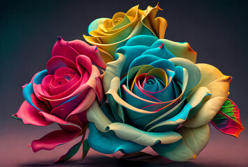 Fototapeta na wymiar bouquet of rainbow multicolored roses on black, generative ai