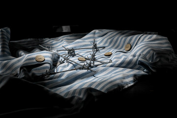 Prisoner uniform and barbed wire on dark background, closeup. International Holocaust Remembrance...