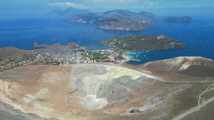 Vulcano Island Crater Panorama View at Volcanic Aeolian Islands, Sicily, Italy - Aerial 4k Backwards