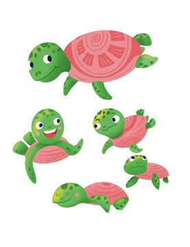 Set of cute cartoon turtles. Funny animals. Sea creatures for book and game design. Illustration for children. 