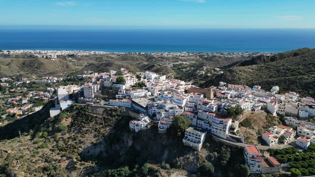 Mojacar Popular White Coastal Village on Top of a Hill in Almeria, Andalusia, Spain - Aerial 4k