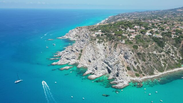 Capo Vaticano Cliff, Blue Mediterranean Sea and Coastline in Calabria, South Italy - Aerial 4k