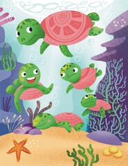 Cute cartoon turtles underwater. Sea world with seaweeds. Colorful cartoon scene for worksheet. Nature and animals. Illustration for book design.