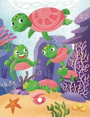 Cute cartoon turtles underwater. Sea world with seaweeds. Colorful cartoon scene for worksheet. Nature and animals. Illustration for book design.
