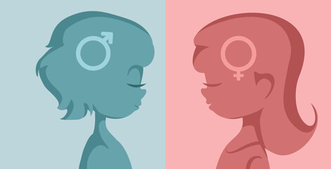 Silhouette Illustration of a Boy and a Girl Representing Different Genders. Feminine and masculine concept in little kids representation 
