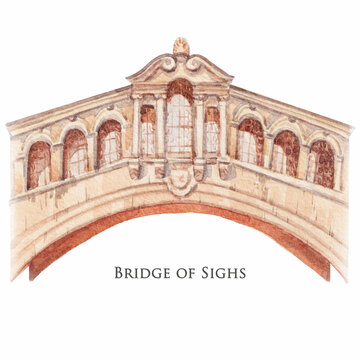 Beautiful stock illustration with hand drawn watercolor old building. Historical site Oxford bridge of sighs.