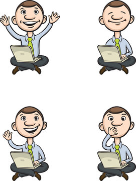 cartoon businessman on a cloud with laptop with various emotions - PNG image with transparent background