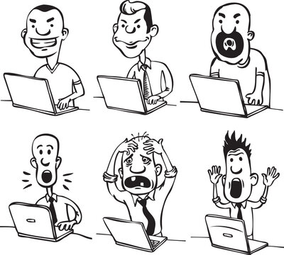 cartoon doodle dudes with laptops - PNG image with transparent background