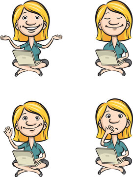 cartoon woman on a cloud with laptop - PNG image with transparent background