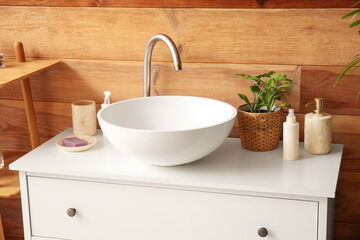 Ceramic sink, houseplant and bath accessories on drawers in bathroom