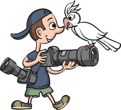 funny photographer and curious parrot - PNG image with transparent background