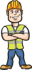 smiling cartoon construction worker with arms crossed - PNG image with transparent background