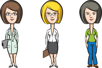 three cartoon women professionals doctor secretary teacher on white background - PNG image with transparent background
