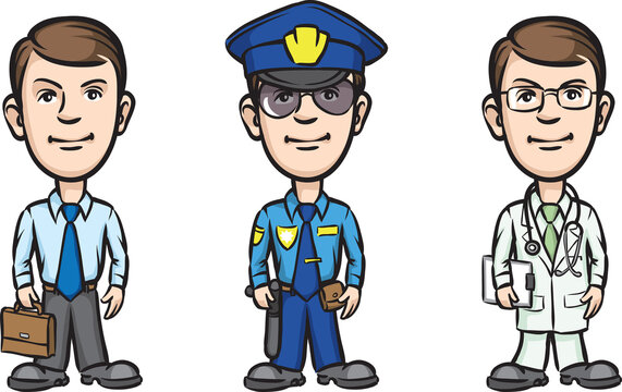 three cartoon professionals businessman policeman doctor on white background - PNG image with transparent background