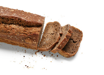 Delicious loaf of sliced rye bread isolated on white background