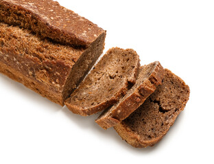 Delicious loaf of sliced rye bread isolated on white background