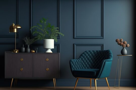 Commode with chair and decor in living room interior, dark blue wall mock up background