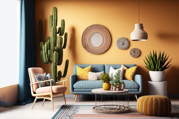 Boho cozy living room design, bright wall mockup, 3d render, 3d illustration