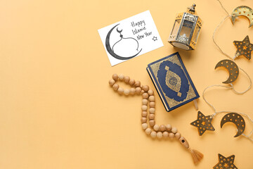Card with text HAPPY ISLAMIC NEW YEAR, Koran, lantern, garland and prayer beads on yellow background