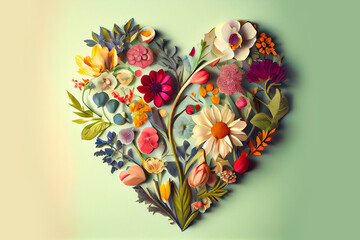 Flowers knolling in heart shaped illustration, used for Valentine's day. Generative AI.