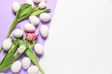Easter eggs with tulip flowers on lilac and white background