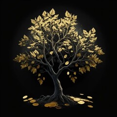 Money tree with gold leaves and gold coins.