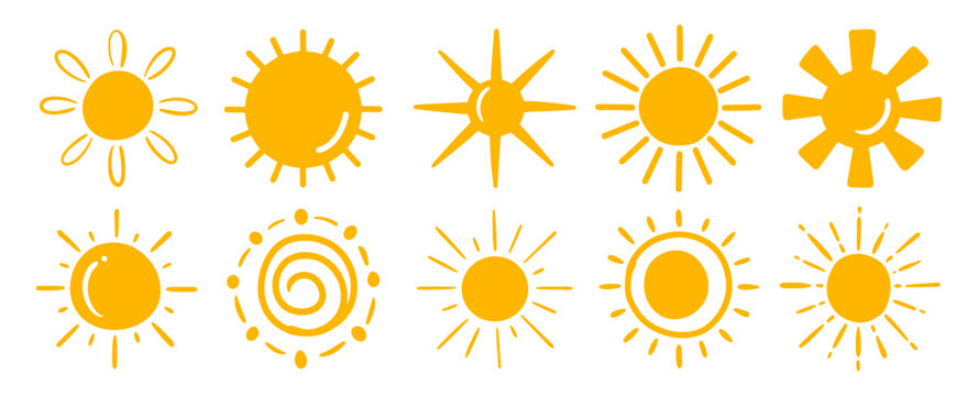 Sun icons design bundle collection set. Hand drawn doodle nature energy symbol.