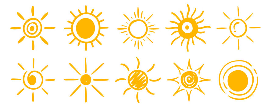 Yellow sun icons design bundle collection. Hand drawn doodle nature heat symbol.