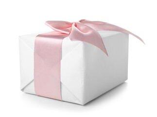 Gift box with pink bow on white background. International Women's Day celebration