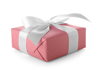 Pink gift box with bow on white background. International Women's Day celebration