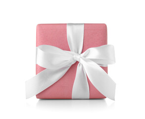 Pink gift box with bow on white background. International Women's Day celebration