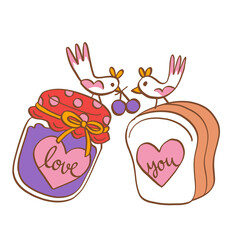 Bread and jam jar love birds couple Valentine's day illustration