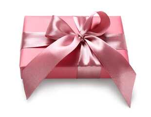 Beautiful gift box with tied with silk ribbon on white background