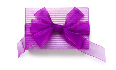 Gift box with purple bow on white background