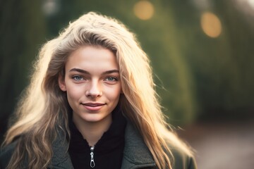 Beautiful smiling teenage girl wearing a sport jacket looking at the camera at her high school schoolyard. Generative AI