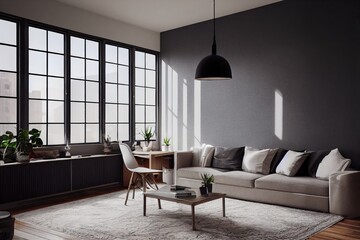 mock up poster frame in boho interior background, wooden living room design, Scandinavian style. Generative AI illustration