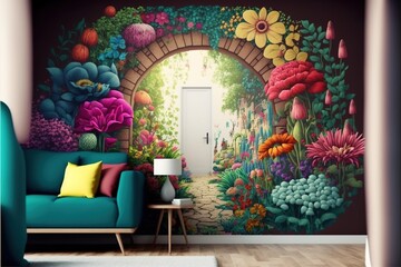  fantasy painting Photo wallpaper of decorated art wall with beautiful flowers, sofa set, birds in behind colorful seen, splendid colors,  generative AI digital illustration.
