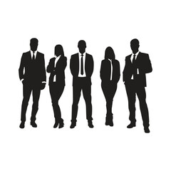 Set of vector silhouettes of men and women, group of business people standing, black color isolated on white background
