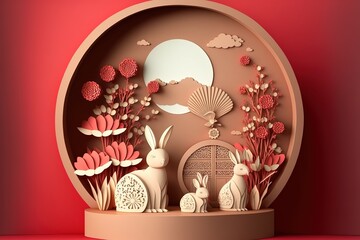 3d Podium round, Rabbit, square box stage podium and paper art Chinese new year,Chinese Festivals, Mid Autumn Festival, red paper cut, fan, flower and asian elements with craft style on background