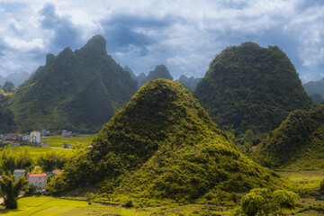 Limestone triangular rock formations and mountains in Guangxi, China